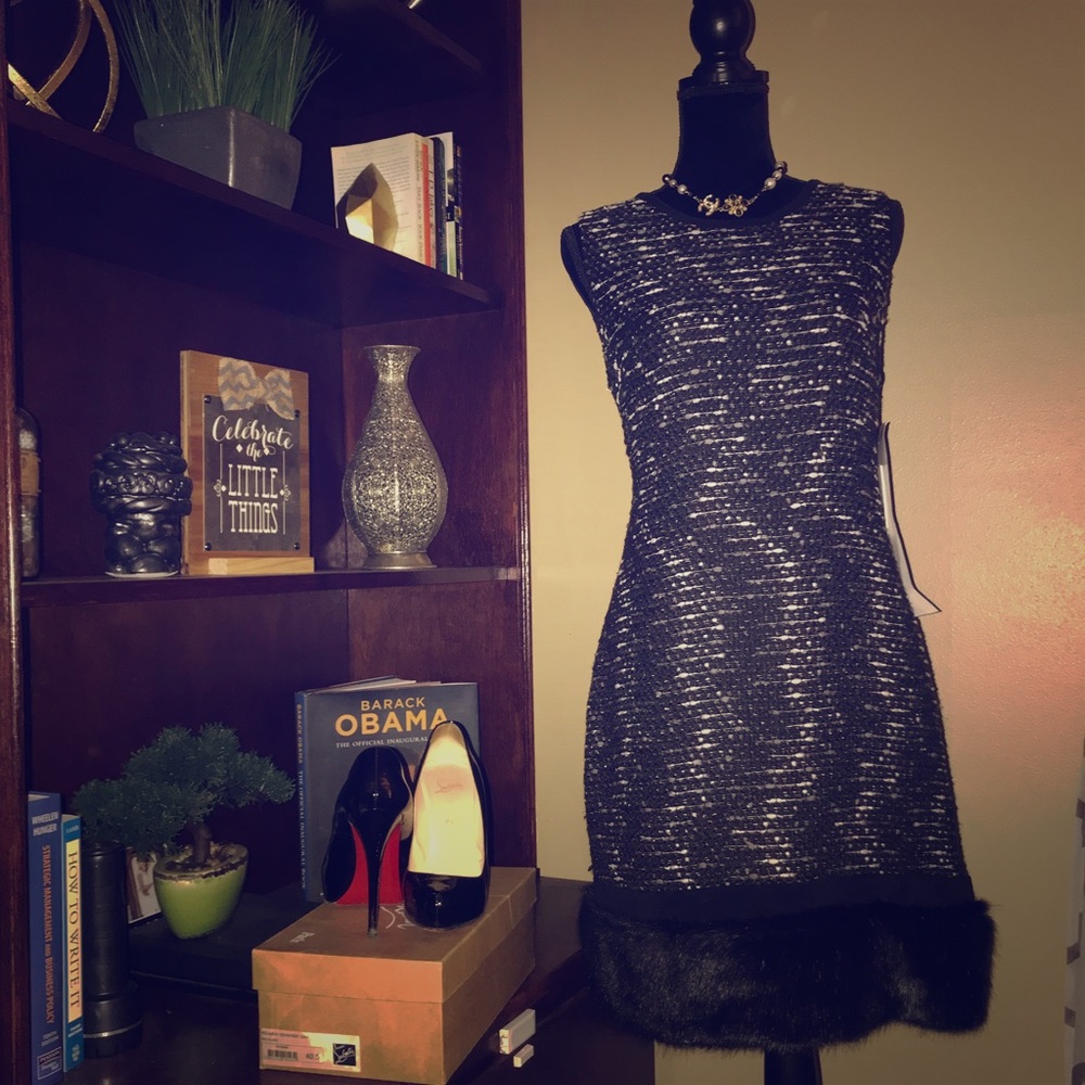 NWT Calvin Klein Tweed Sheath Dress with Fur Trim